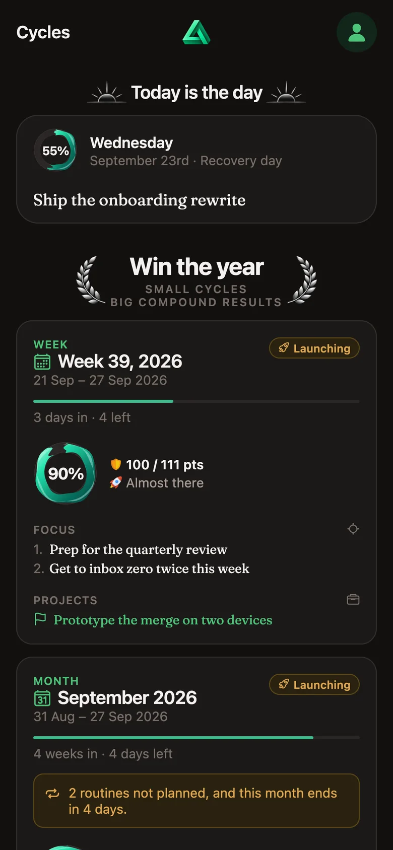 Cykl home screen: today's cycle at 55%, then Week 39 at 90% with its focus and projects